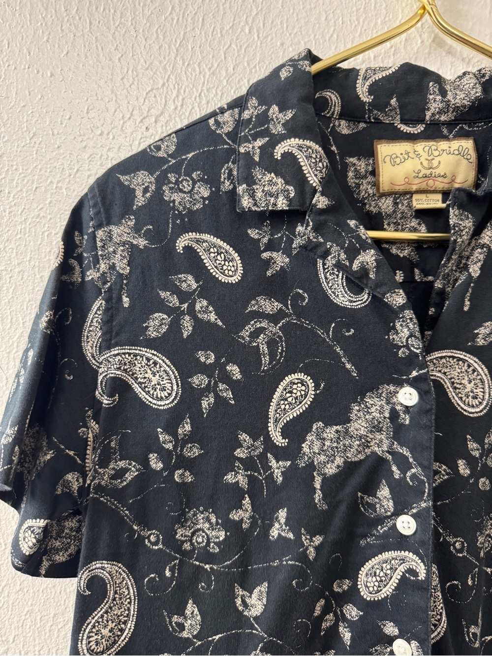 Vintage Bit & Bridle Short-Sleeve Paisley Horse Print Button-Down Shirt - Picture 3 of 8